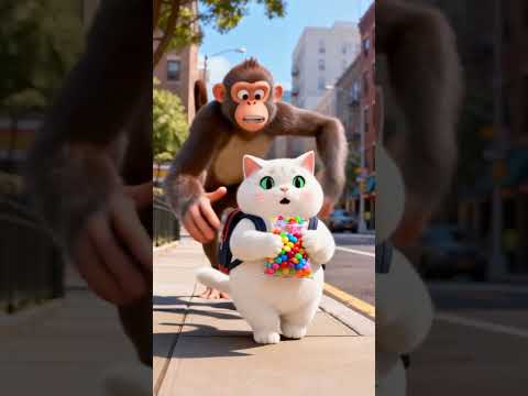 Monkey’s Mess Leads to White Cat’s Sweet Surprise! 🍎🍬🐾 #funny #cat #cartoon #monkey #animation #cute